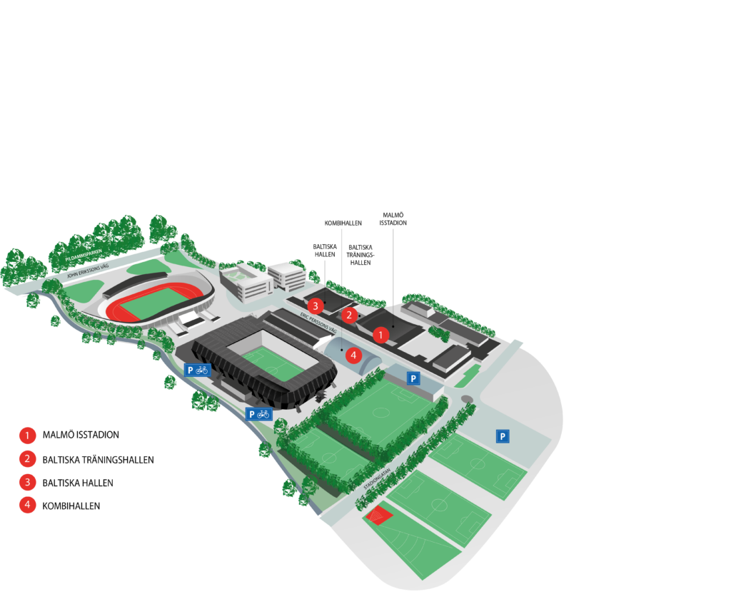 Karta som visar vilka hallar som finns på stadionområdet i Malmö: Malmö isstadion, Baltiska träningshallen, Baltiska hallen och Kombihallen.
